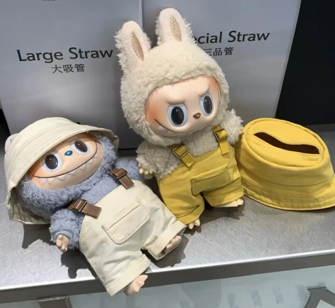17cm labubu clothes Overalls Simple Set, trendy dressing solid color clothing, Fisherman's Hat Two-piece set (no doll)