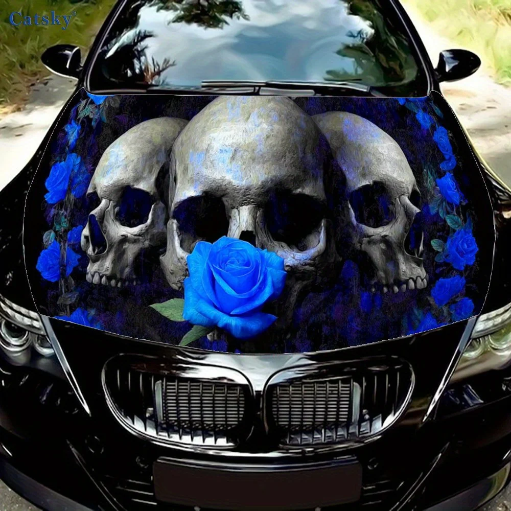 

Blue Rose Skull Car Hood Sticker PVC Self Waterproof Stick, Striking Auto Exterior Accessories Decor Protect Gift for Car Lover