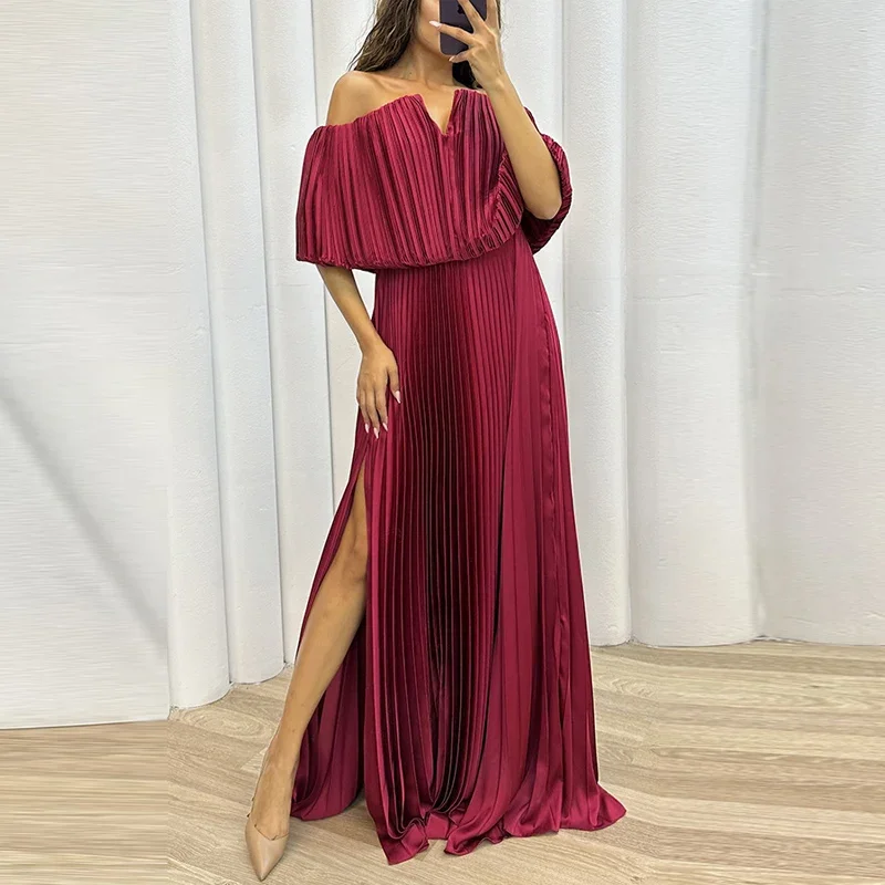 

Vintage Fashion Commuting Lady Party Dress Sexy Women Loose Pleated Long Dress Solid Off Shoulder High Slit Elegant Evening Gwon