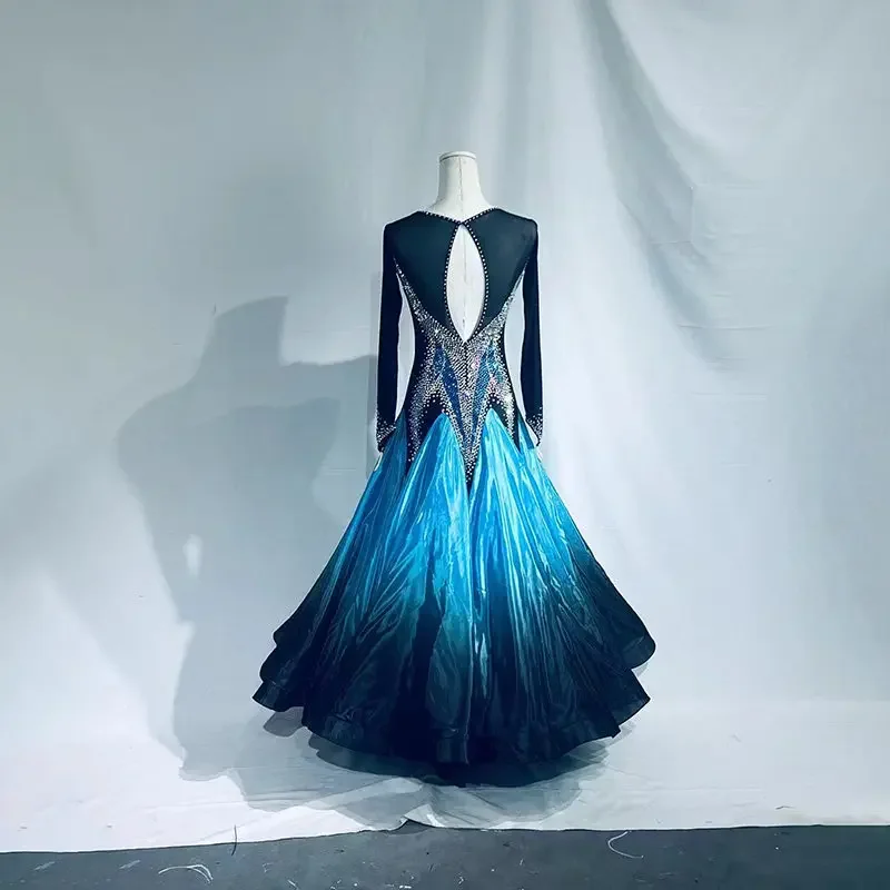 Female Social Dance Long Sleeve Gradual Change Color Chiffon Big Swing Dress Waltz Foxtrot Quickstep Competition Custom Clothing