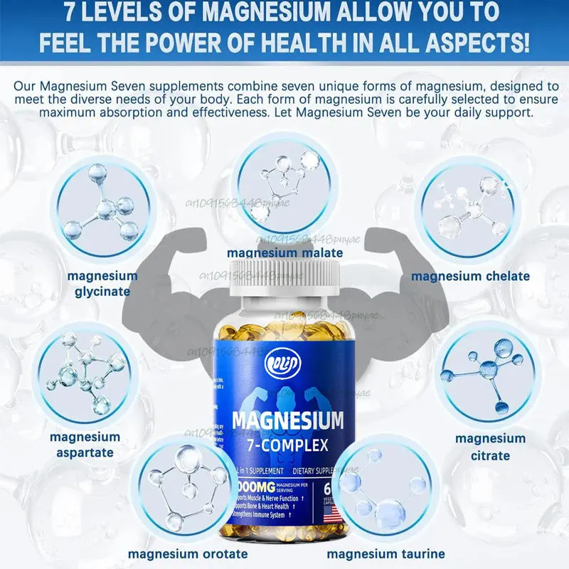 7-in-1 Magnesium Glycine, Citric Acid, Malic Acid, Chelate, Taurine, Orotate Zinc Aspartate and Vitamin D3, B6 60 capsules