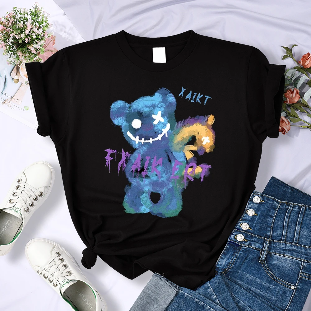 Y2K Badass Bear Kawaii Cartoons Women T Shirt Fashion Casual Tshirt Street Hip Hop Short Sleeve Harajuku Sport Cool T-Shirts