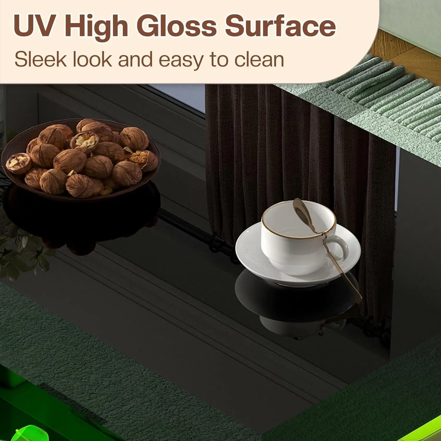 Conjunto de mesa de sala de estar de 3 peças, conjunto de mesa de centro moderno de alto brilho com luz LED e espaço de armazenamento, 2 mesas laterais, preto