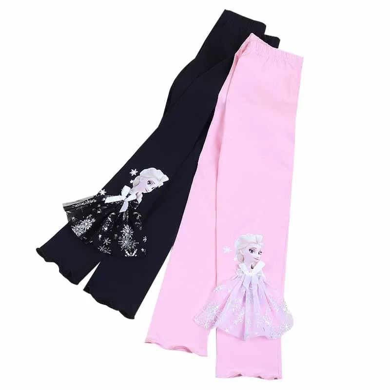 Disney Cotton Girls Pants for Children Summer Frozen Elsa Princess Pants Baby Girl Pink Blue Trouser Lace Kids Leggings