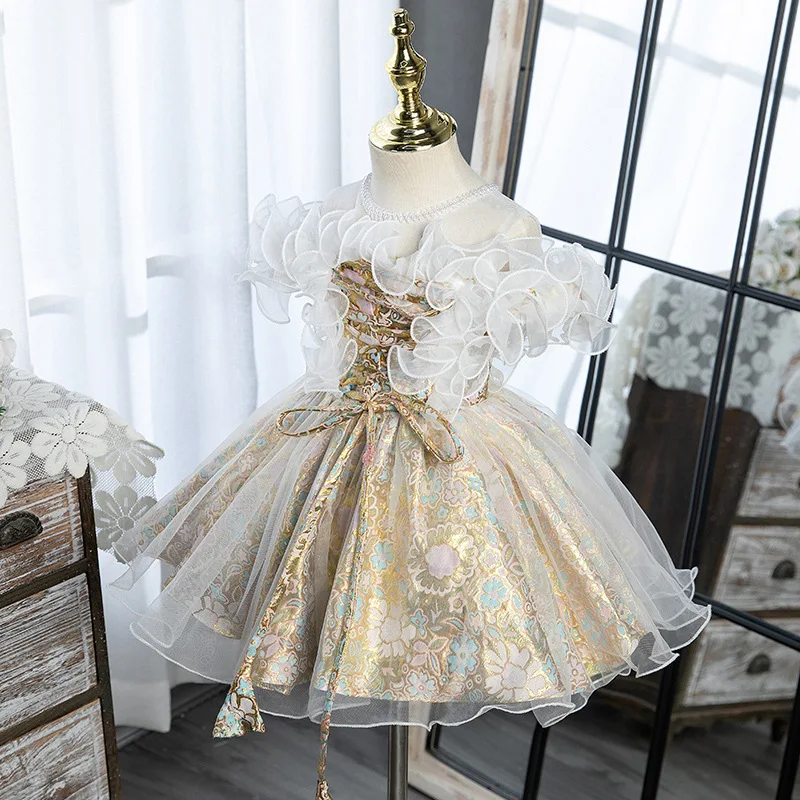 Girls Elegant Lace Flower Embroidery Princess Ball Gown Children Birthday Wedding Party Performance Dresses y1128