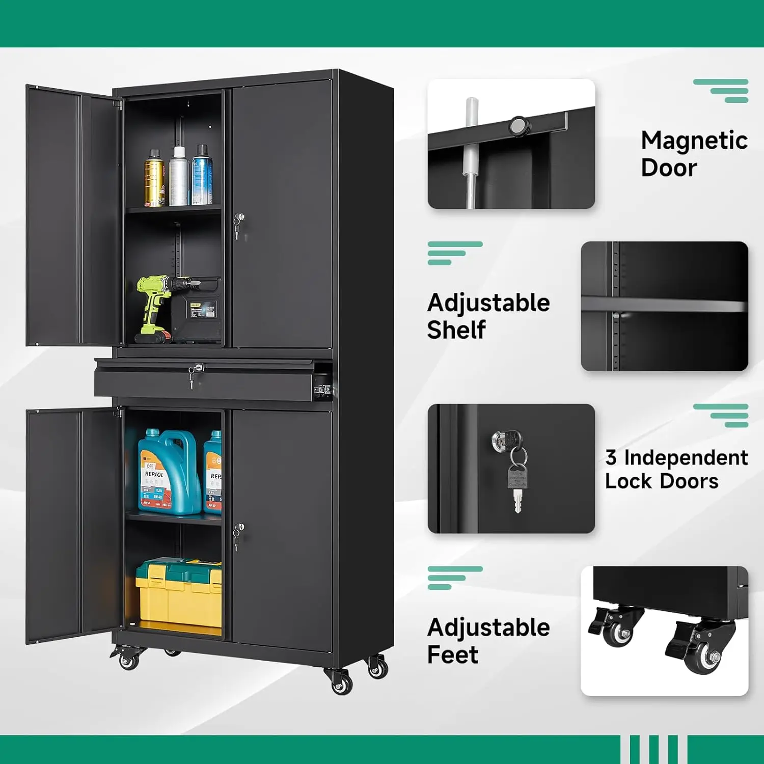 

Letaya Metal Garage Storage Cabinet with Wheels,72“ Rolling Tool Cabinet with 4 Door Lock-Adjustable Shelves and Drawer