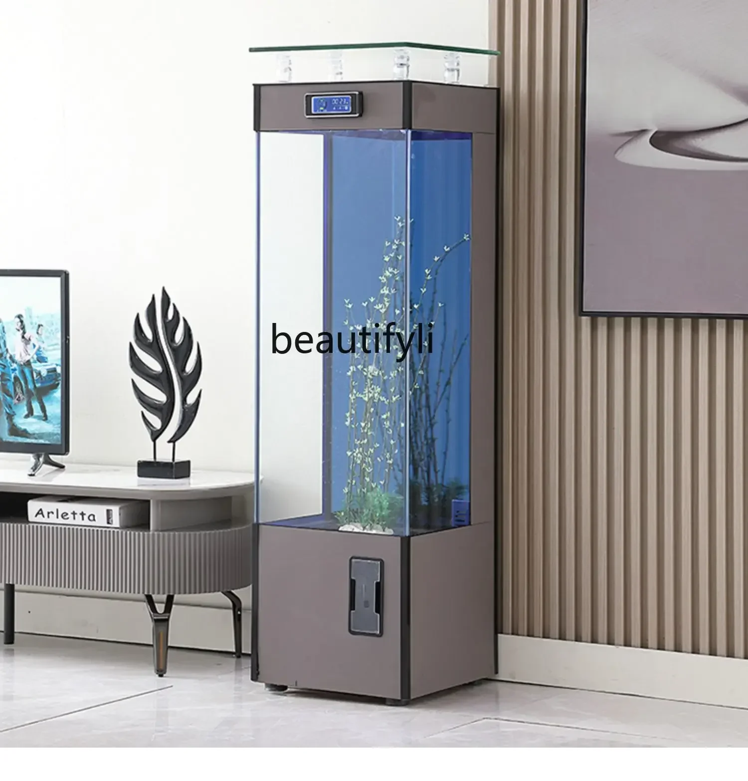 Super White Glass Fish Tank Living Room Home Small Floor Vertical Fish Globe Aquarium beside TV Cabinet
