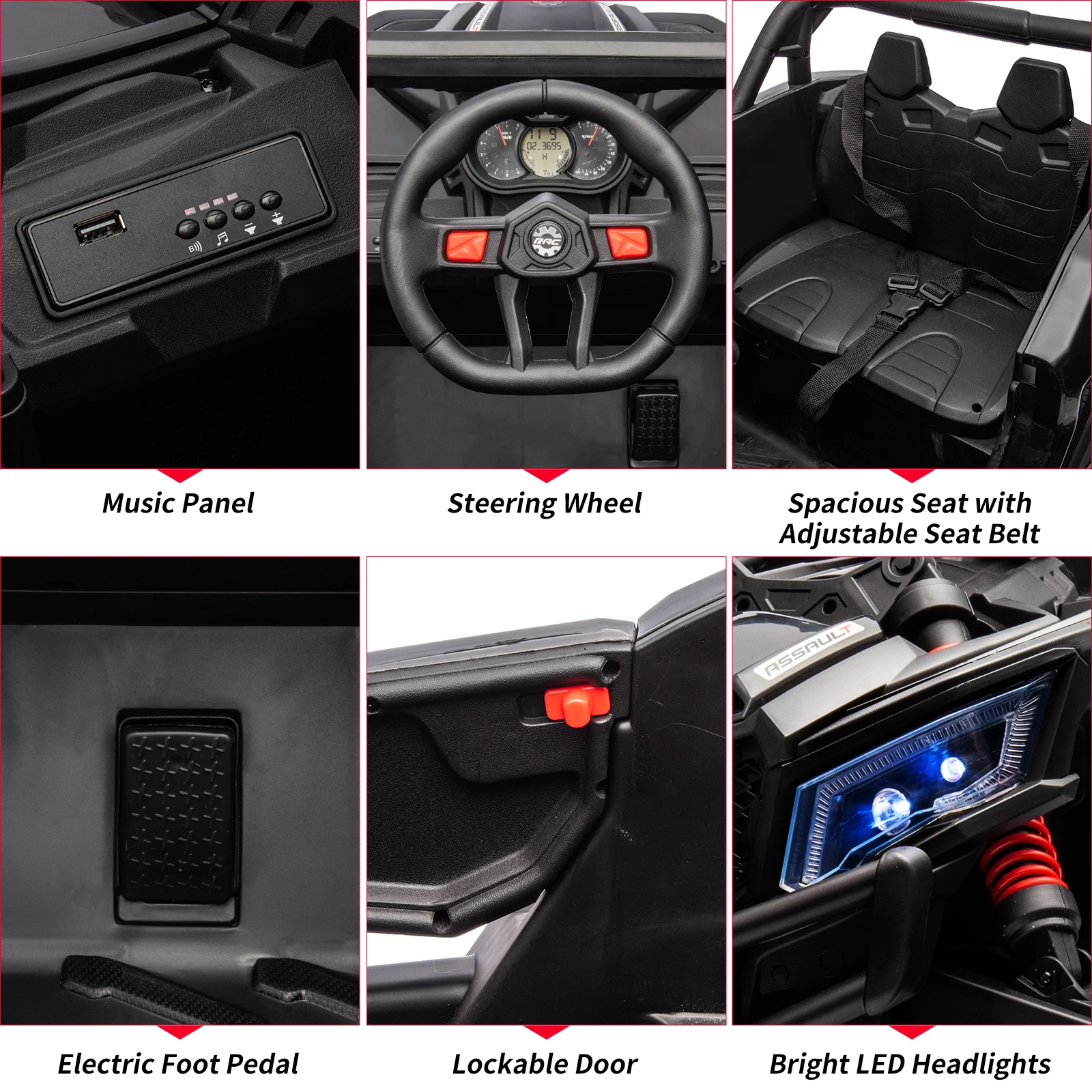 Ride on Car, Voiture UTV électrique tout-terrain à batterie 24 V avec télécommande, moteur 200 W, suspension à ressort, musique, lumières LED