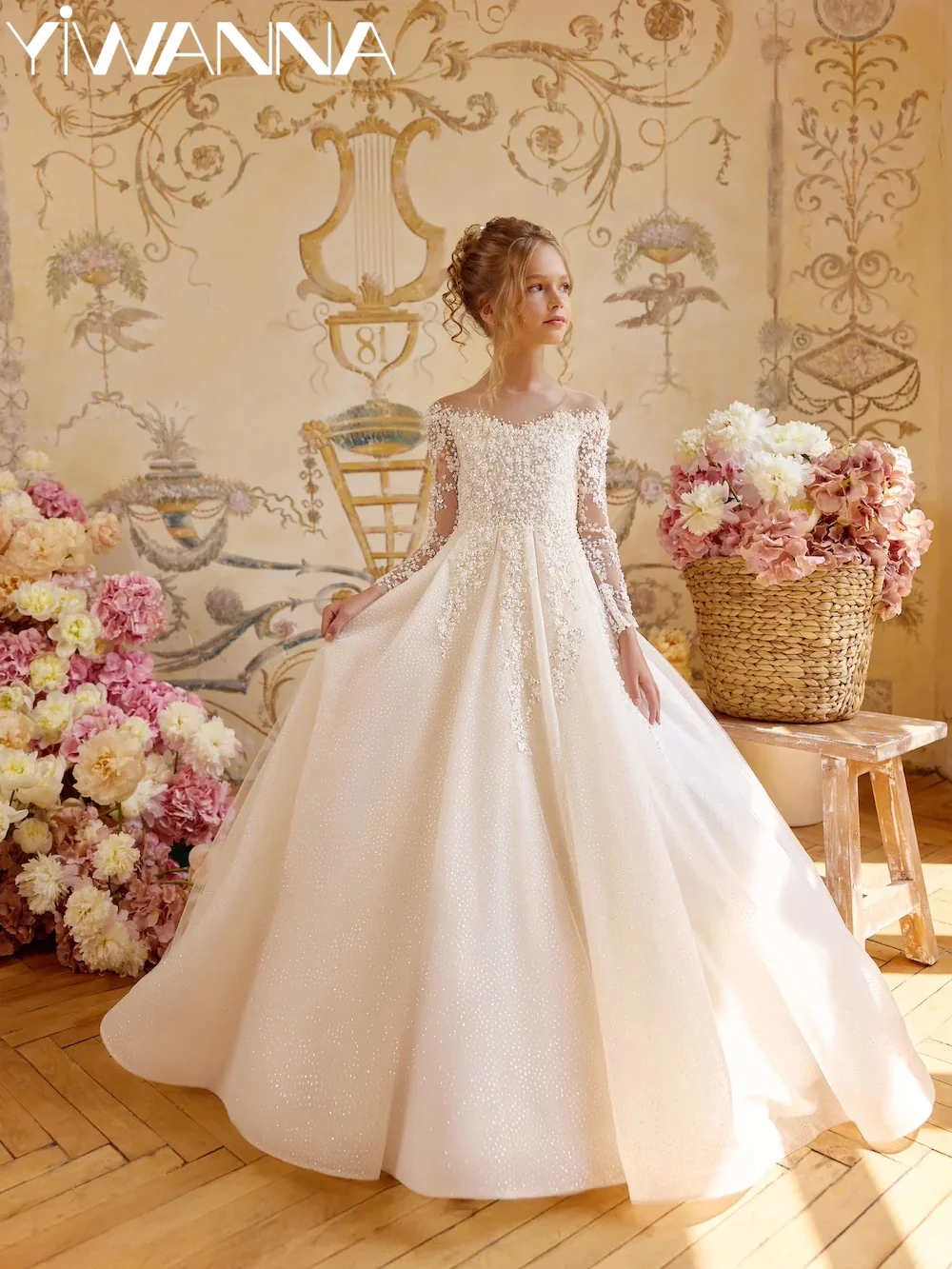 Elegant Off Shoulder Flower Girls Dresses For Wedding Exquisite Beads Pearls A-line Long Princess Gown For Kids Birthday Party