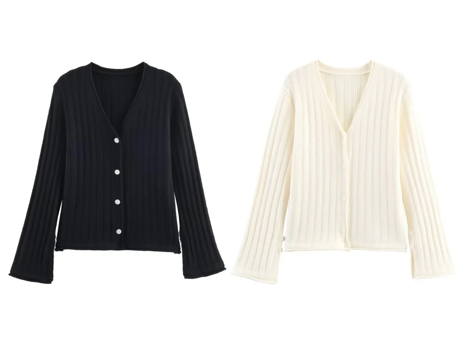 

Woman's V-Neck Elegant Knitted Cardigan Single-Breasted SlimFit Flared Sleeve Sweater Female Autumn Versatile Chic Knitwear Coat