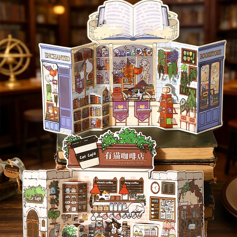 Mr.Paper PET Scene Sticker Pack 3D Layered Mini Cat Cafe Bookstore Micro Scene DIY Collage Supplies for Journal Scrapbook