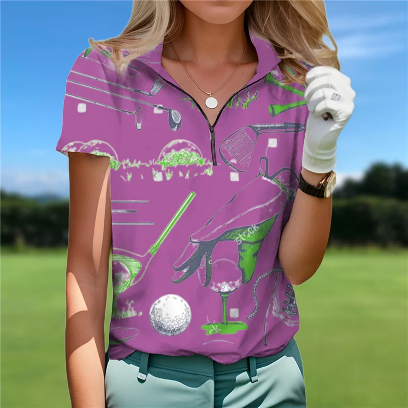 2024 Summer New Fashion Women's Cross Border Foreign Trade Creative Ball Series Polo Shirt With Polo Collar And ZipperMB13