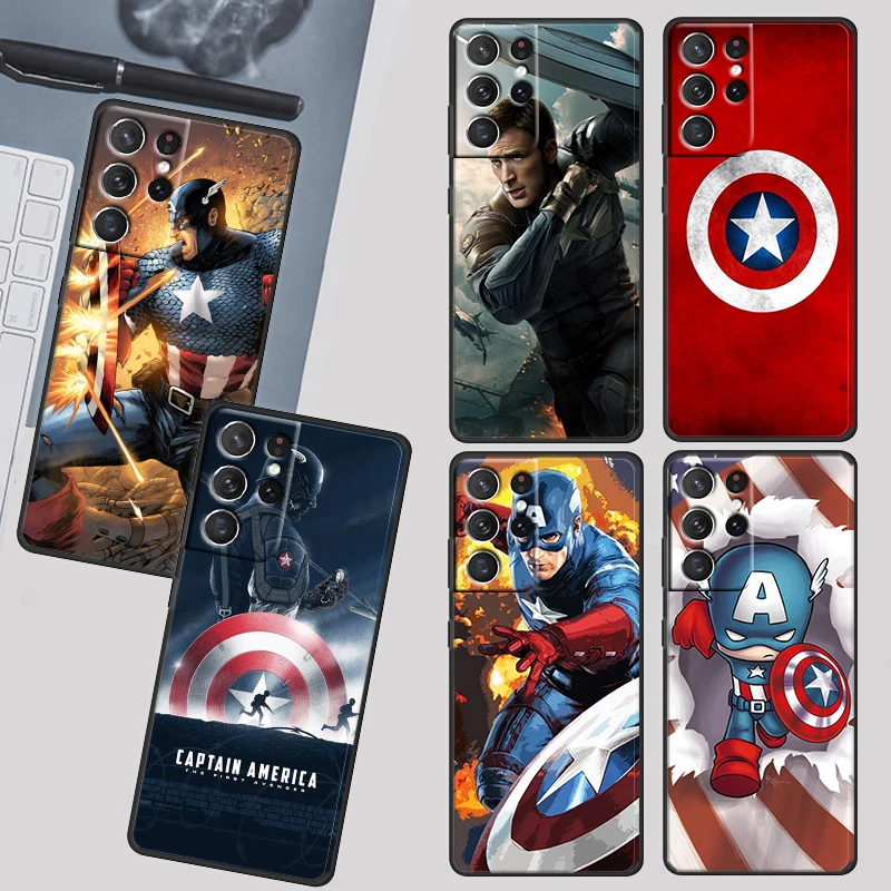 Mavel Hero Captain America Case For Samsung Galaxy S22 S21 S20 Ultra Plus Pro S10 Note20 4G 5G TPU Soft Black Phone Cover