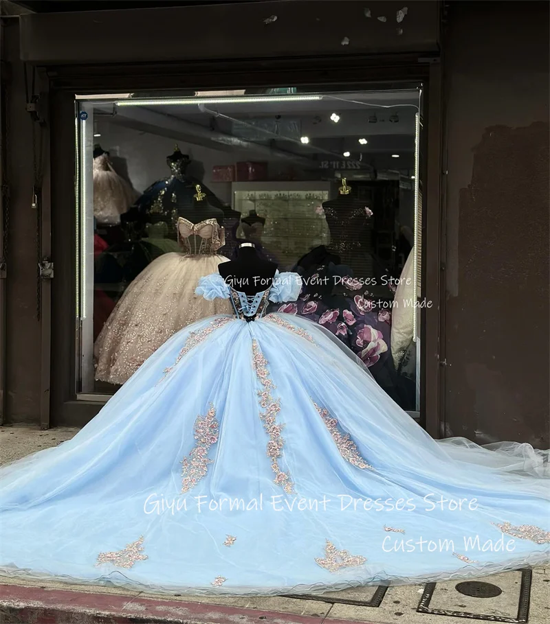 Giyu Princess Light Blue vestidos 15 quinceañera cortos Shiny Crystal Beads Ball Gown Luxury 16 Sweet Birthday Dress Customized