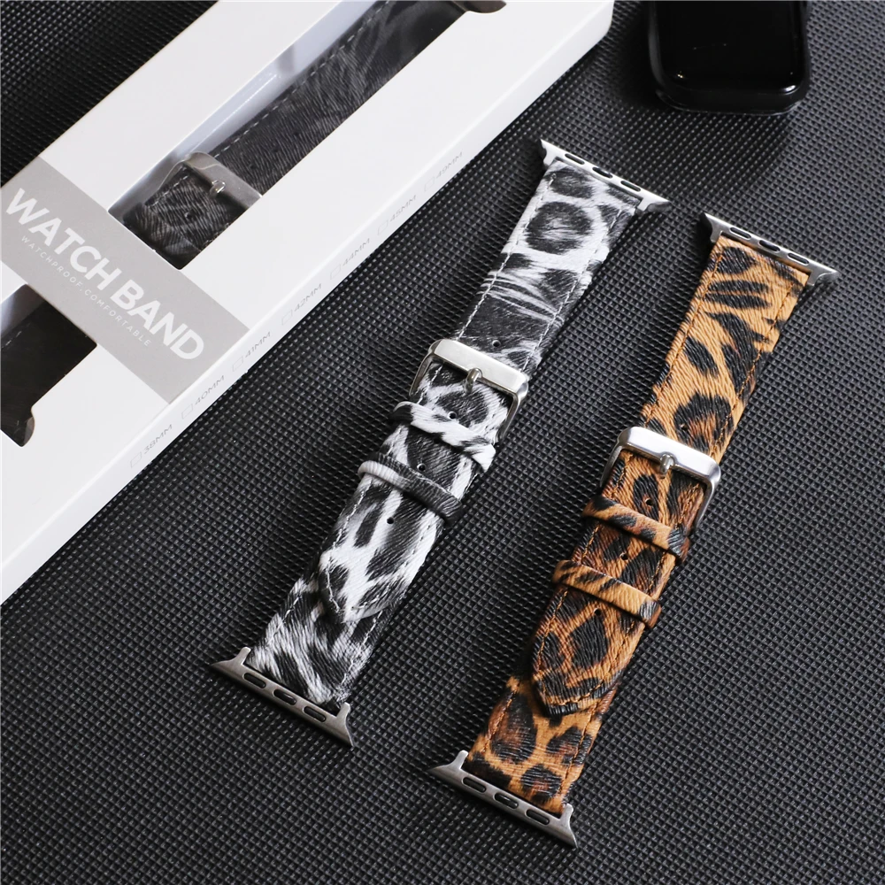 Leopard Strap For Apple Watch Band 45mm 38mm 40mm 41mm 42mm 44mm 49mm Luxury Leather Bracelet for iWatch 9 Ultra 2 8 SE 7 6 5 4