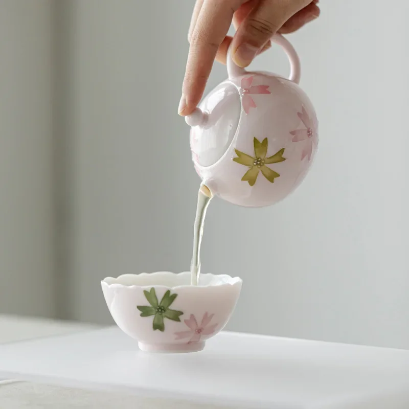 Hand Painted Underglaze Pink Sakura Xishi Teapot Luxury Ceramic Tea Set for Home Use