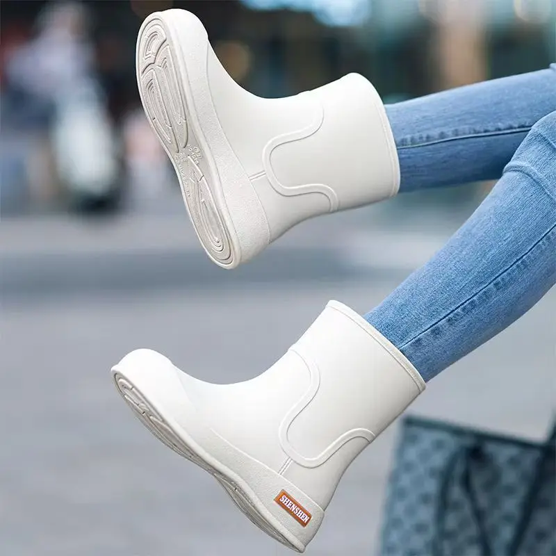 Women\'s High Top Flat Sole Slip-On Rain Boot Soft Sole Non Slip Waterproof Detachable Cotton Cover Kitchen Work Shoe Garden Shoe
