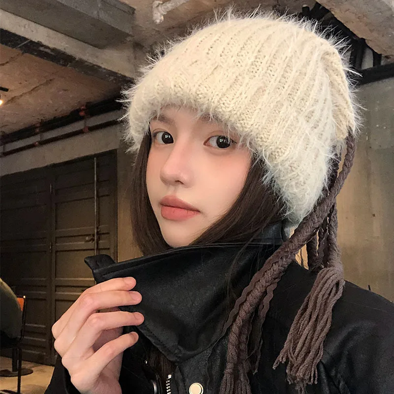 New Imitation Rabbit Hair Fringed Pullover Hat Women's Winter Big Head Elastic Warm Ear Protection Knitted Skull Beanie Cap