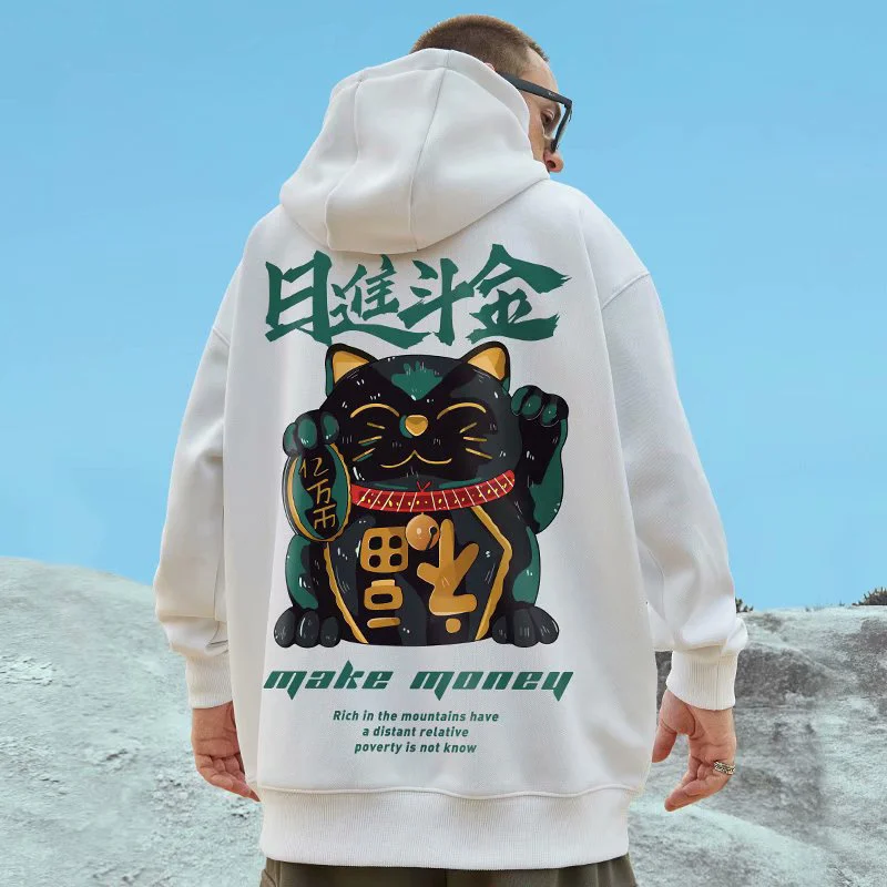 Autumn Men's Casual Japanese Style Hoodie Maneki Neko Print Y2K Hoodies Long Sleeve Sweatshirt Harajuku Hoody Hip Hop Clothing