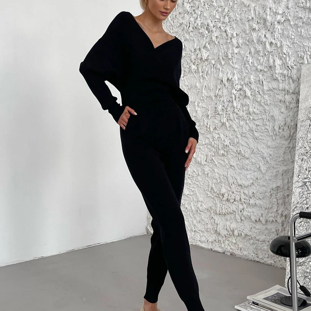 TWOTWINSTYLE Solid Sliming Two Piece Sets For Women V Neck Long Sleeve Tops High Waist Straight Pant Casual Set Female Fashion