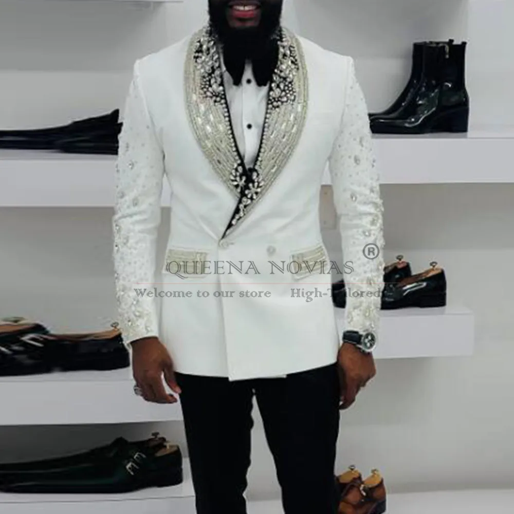 

Elegant Jewelry Beaded Stone Groom Wear Wedding Tuxedo Customized Double Breasted Prom Blazer Male Fashion Banquet Men's Suits