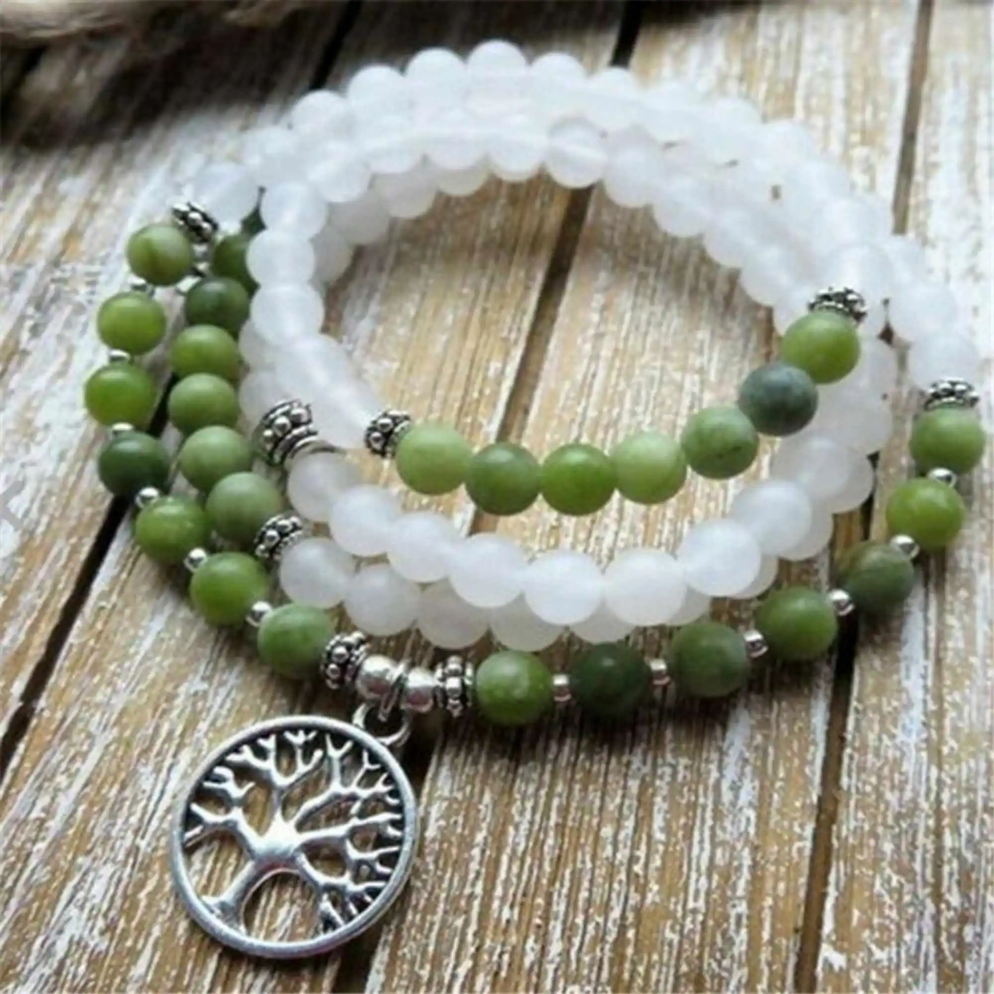 

6mm White Crystal Bracelet 108 Beads Tree Of Life Pendant Lucky Semi-Precious Stones Casual Adjustable Stackable Charm Durable