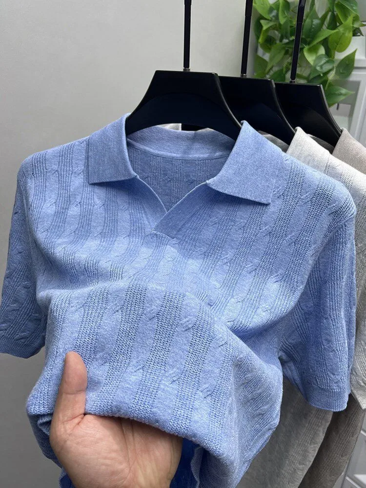 Summer Male Fashion Streetwear Comfortable Knit Pullover Turn Down Collar Casual T-Shirt Breathable Short Sleeve Mens Tees Tops