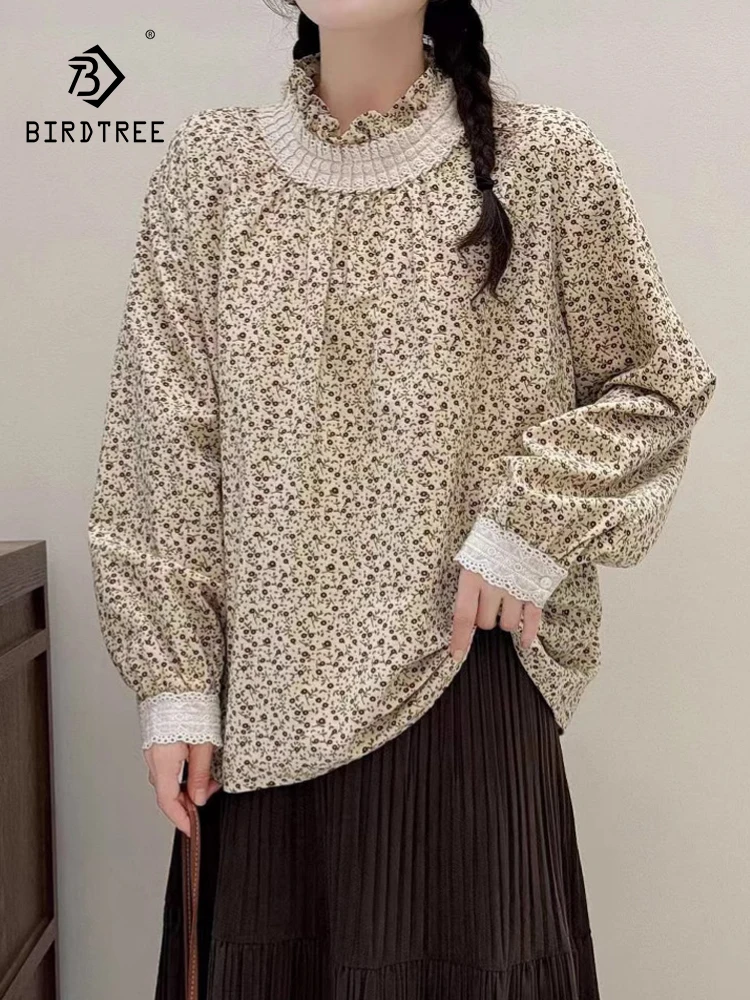 New Autumn Cotton Long Sleeve Shirt, Women Print Ruffled Top, Mori Girl Loose Sweet French Prairie Chic Blouse, Winter T4N114CC