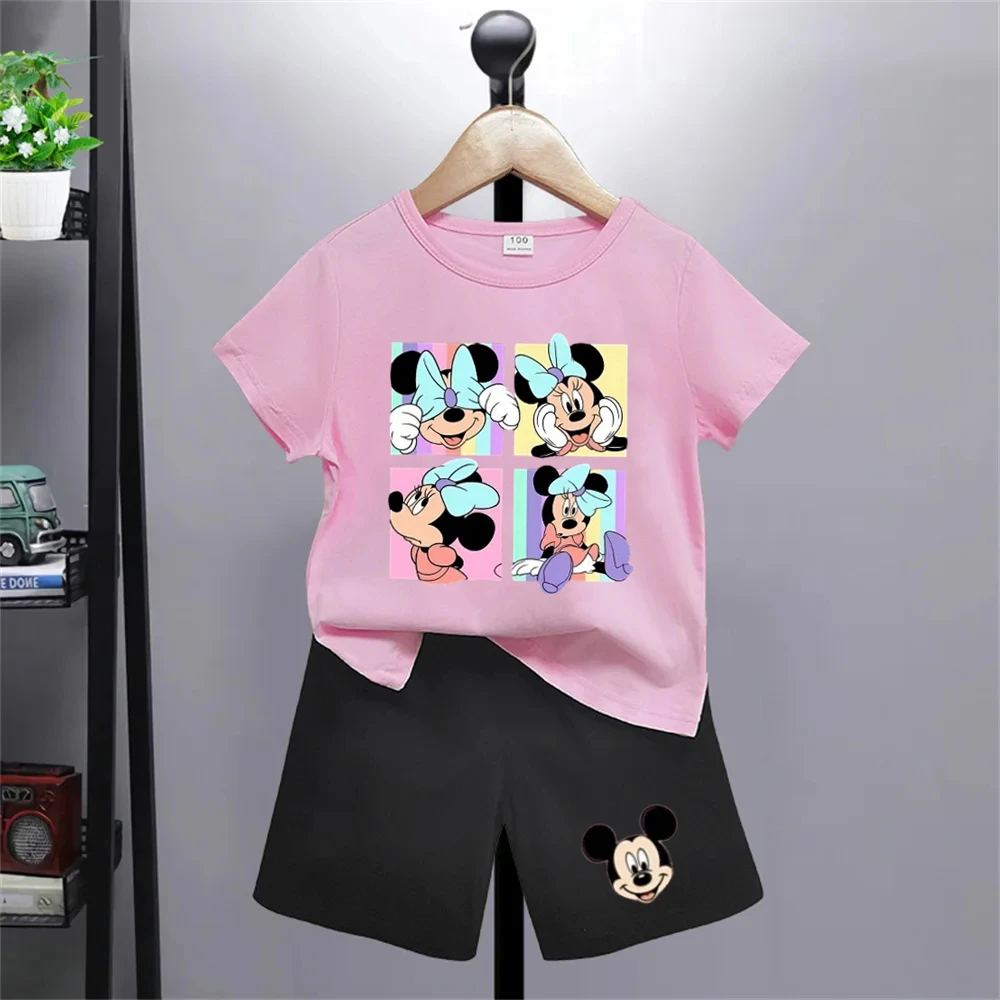 

Mickey and Minne Print Children's Casual Outfits girl pink Boys Short Sleeve Top Sets Kids Summer T Shirt Shorts Two Piece