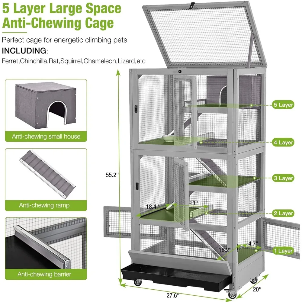 Ferret Cage Rat Cage 5 Levels Small Animal Cage for Chinchilla, Hedgehogs, Squirrel, Chameleon, Lizard