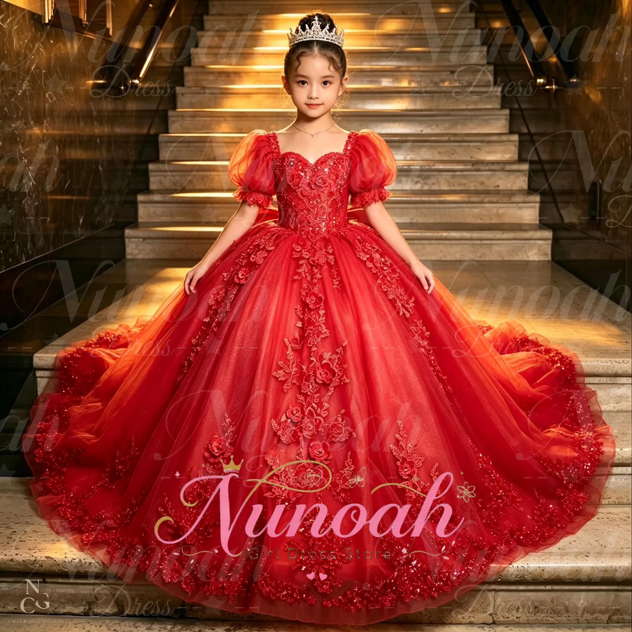 Red Kids Puffy Sleeves Flower Girl Dress for Wedding Lace 3D Flower Appliques Big Bow Back Girls Birthday Party Gowns Customized
