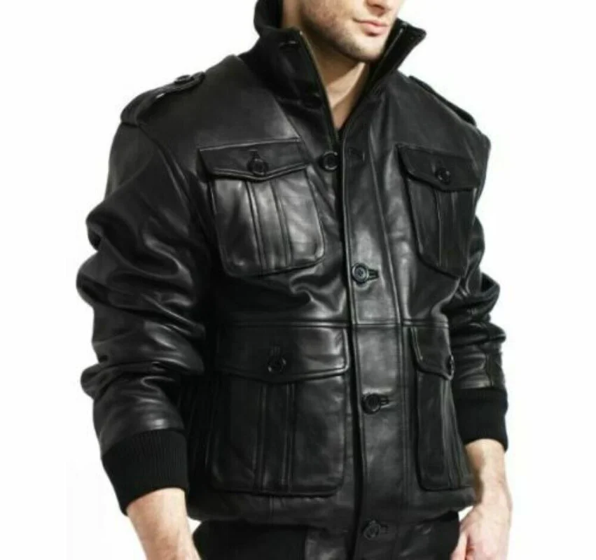 

Men Cafe Racer Black Biker Bomber Motorcycle Real Leather Jacket