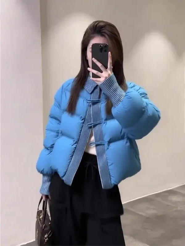 

Синее зимнее пальто в стиле пэчворк для женщин, утепленное, свободного кроя, с длинными рукавами, в корейском стиле, для повседневной носки, с круглым вырезом