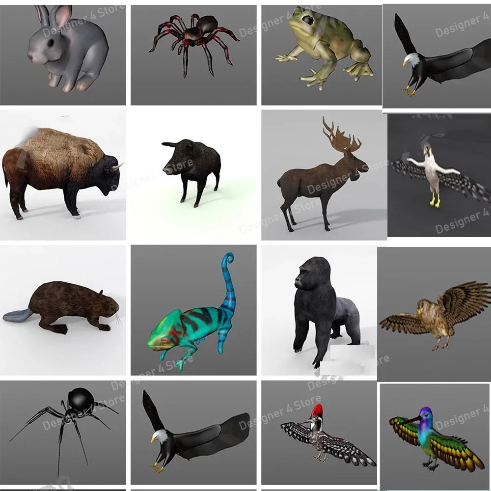 30PSC 3DS Insect Animal Low Face C4D Model Eagle Chameleon Elk Mouse Pig  Porcupine Bear RabbitFox Dragonfly FBX / OBJ /STL C4D