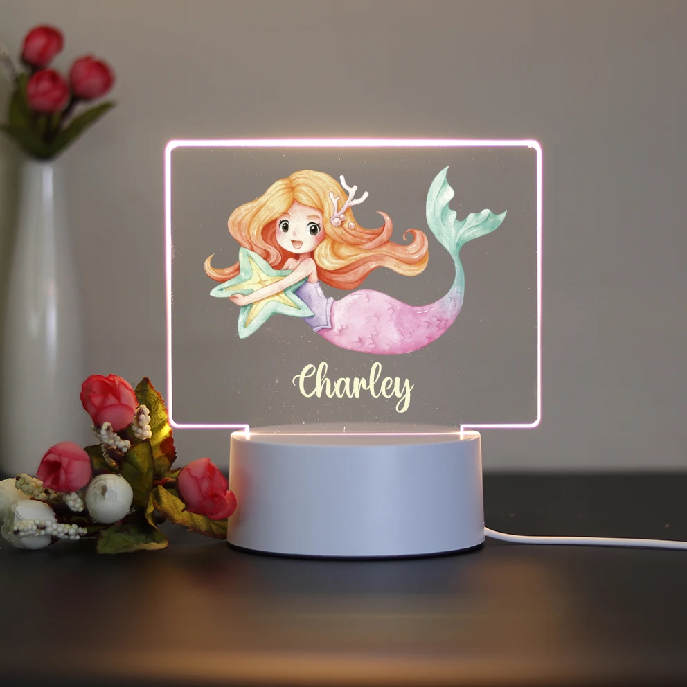 1PC Fashion Mermaid UV Print Personalized Name 3D Visual Night Lamp Led Night Light 3d Lamp Acrylic Led Night Lamp