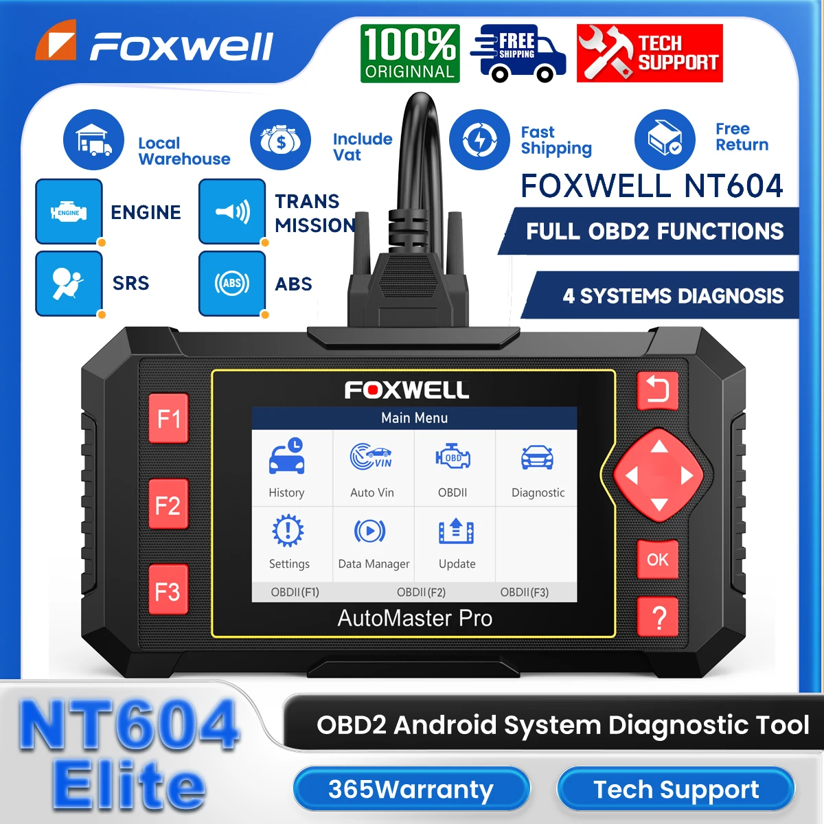 FOXWELL NT604 Elite OBD2 Professional Car Scanner Diagnostic Tool ABS SRS Transmission Engine Code Reader OBD 2 Auto Scan Tester