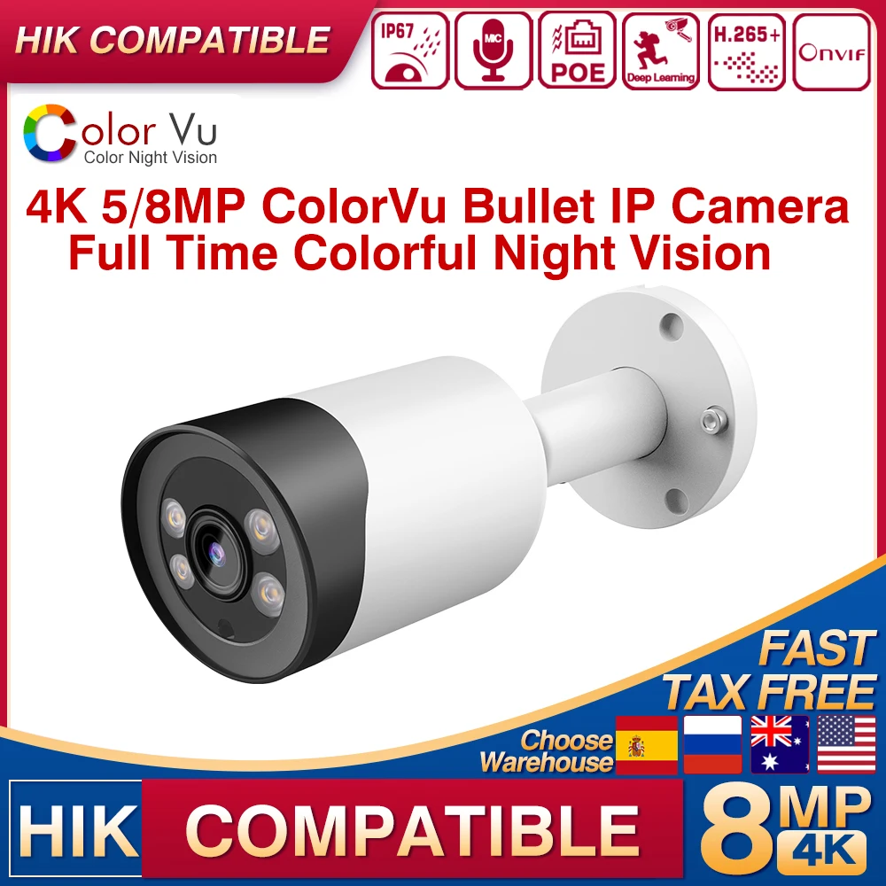 Hikvision Compatible POE 5MP 8MP Colorvu Bullet IP Camera Built-in Mic Human Vehicle Detection CCTV Surveillance Network Camera