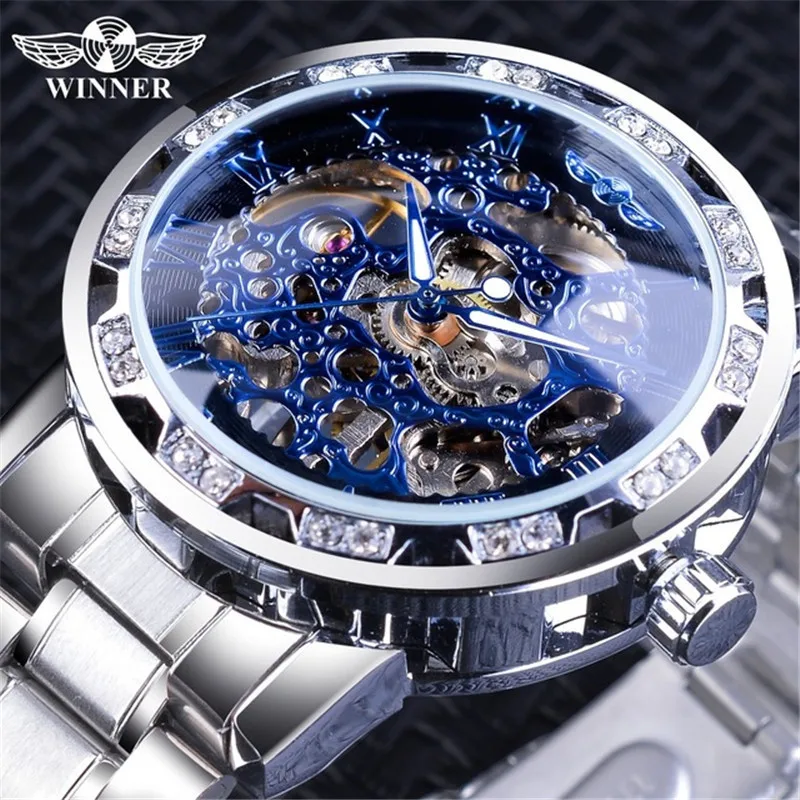 Gratis Verzending Verkooppunten Winnaar Horloge Heren Mode Casual Populaire Holle Strass Handmatige Mechanische Horloge