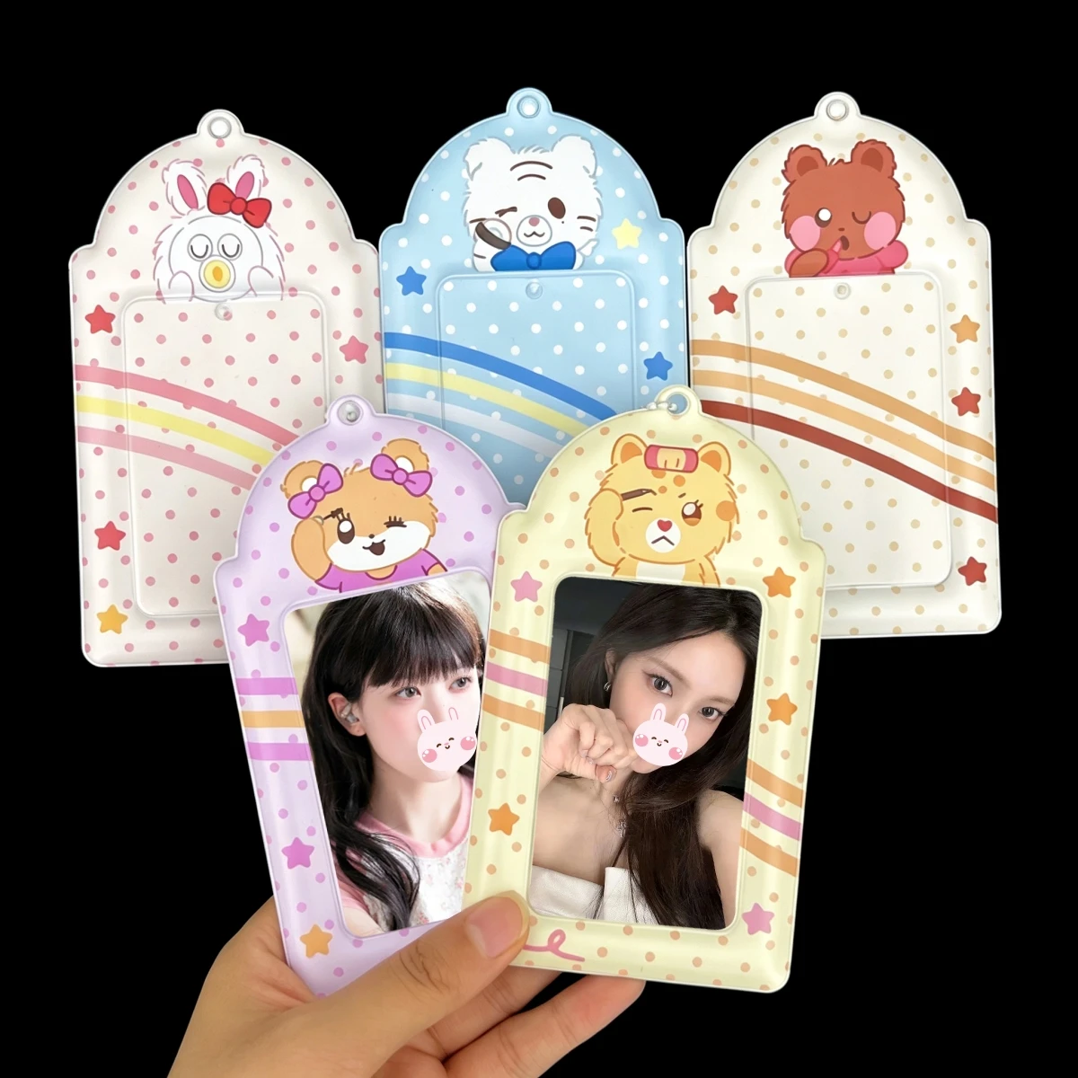 1Pc Cute Polka Dot Bear Series Card Holder, for Storing Idol Photo Cards, Concert Support Items, Made of Pu Material, for 3-3.5inch Polaroid Photo Cards, Korean Entertainment Idol Card Storage, Keychain, Bag Accessory