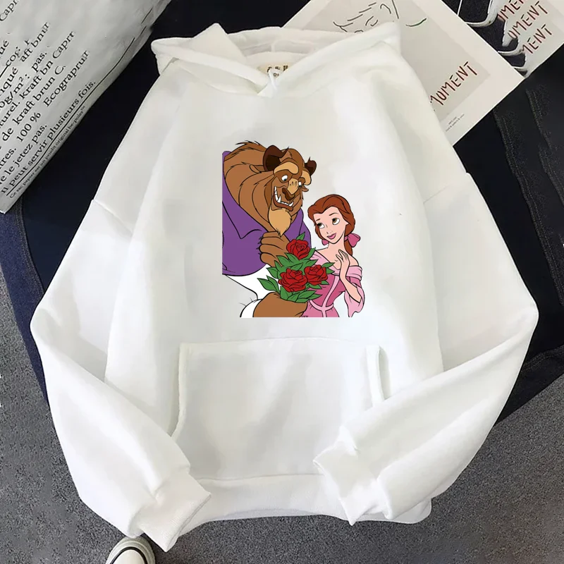 Disney Hoodie Fashion Beauty and Beast Cartoon Print Autumn Sweatshirt Cute Harajuku Unisex Women\'s Pullover Pocket Tops