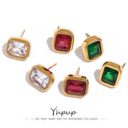 Yhpup Square Geometric White Green Cubic Zirconia CZ Bling Stud Earrings Stainess Steel Waterproof Charm Women Basic Jewelry