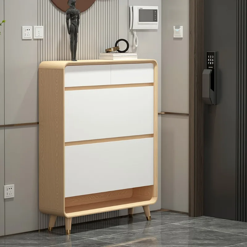 Home ultra-thin tipping bucket shoe cabinet Nordic home door solid wood color simple modern large-capacity new door narrow cabin