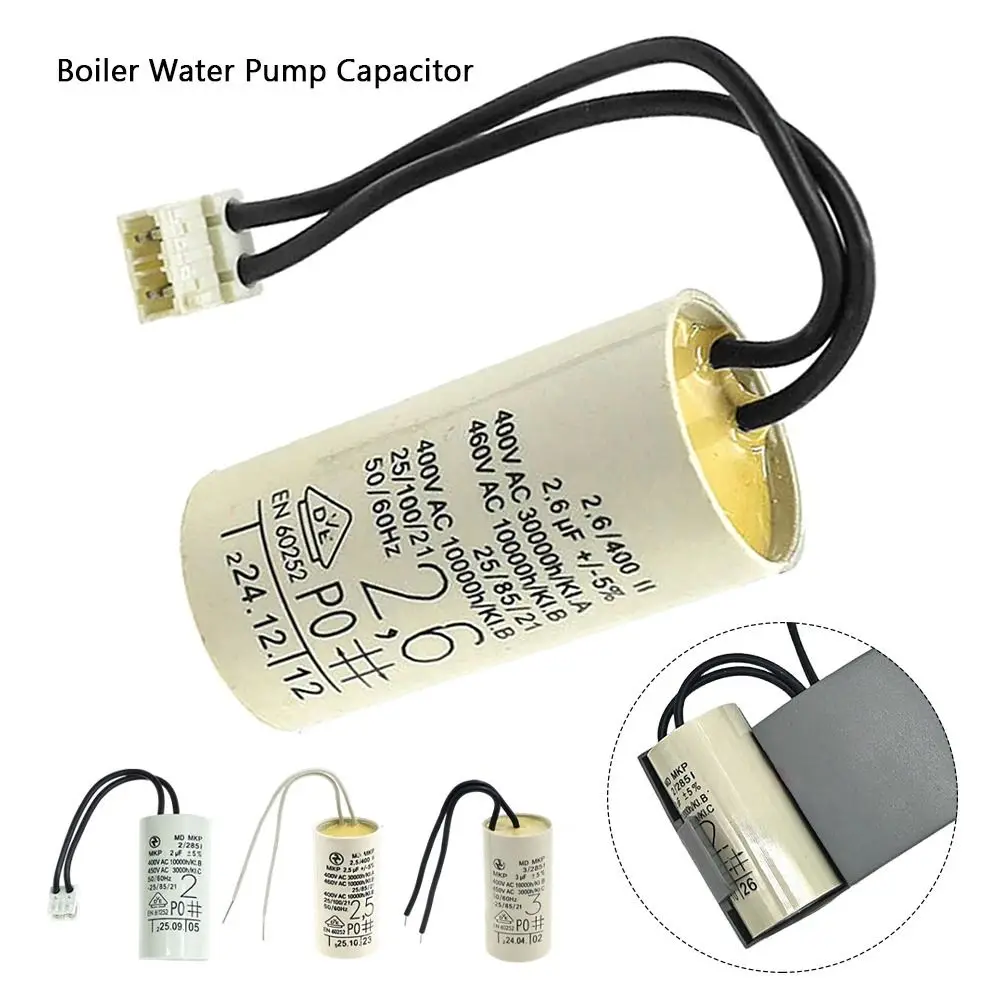 1Pcs 2uF 2.5uF 2.6uF 3uF Boiler Water Pump Capacitor Wall Mounted With Connector Circulation Motor Capacitor Plastic Metal