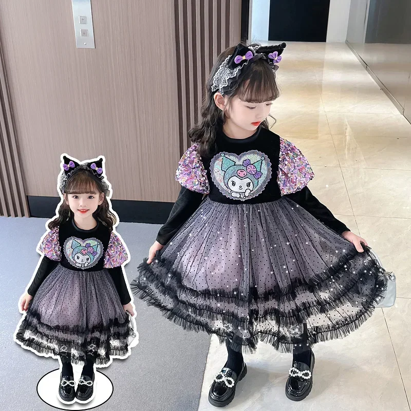 Sanurgente-Robe de princesse Kuromi pour filles, jupe Lolita mignonne, tenue de carnaval pour enfants, costume de cosplay, fête d'anniversaire, anime, Halloween