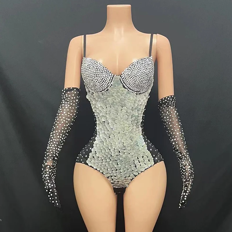 

Rhinestones Silver Sequins Bodysuit Gloves Drag Queen Stage Costume Bar Pole Dance Clothing Singer Performance Jumpsuit VDB7238