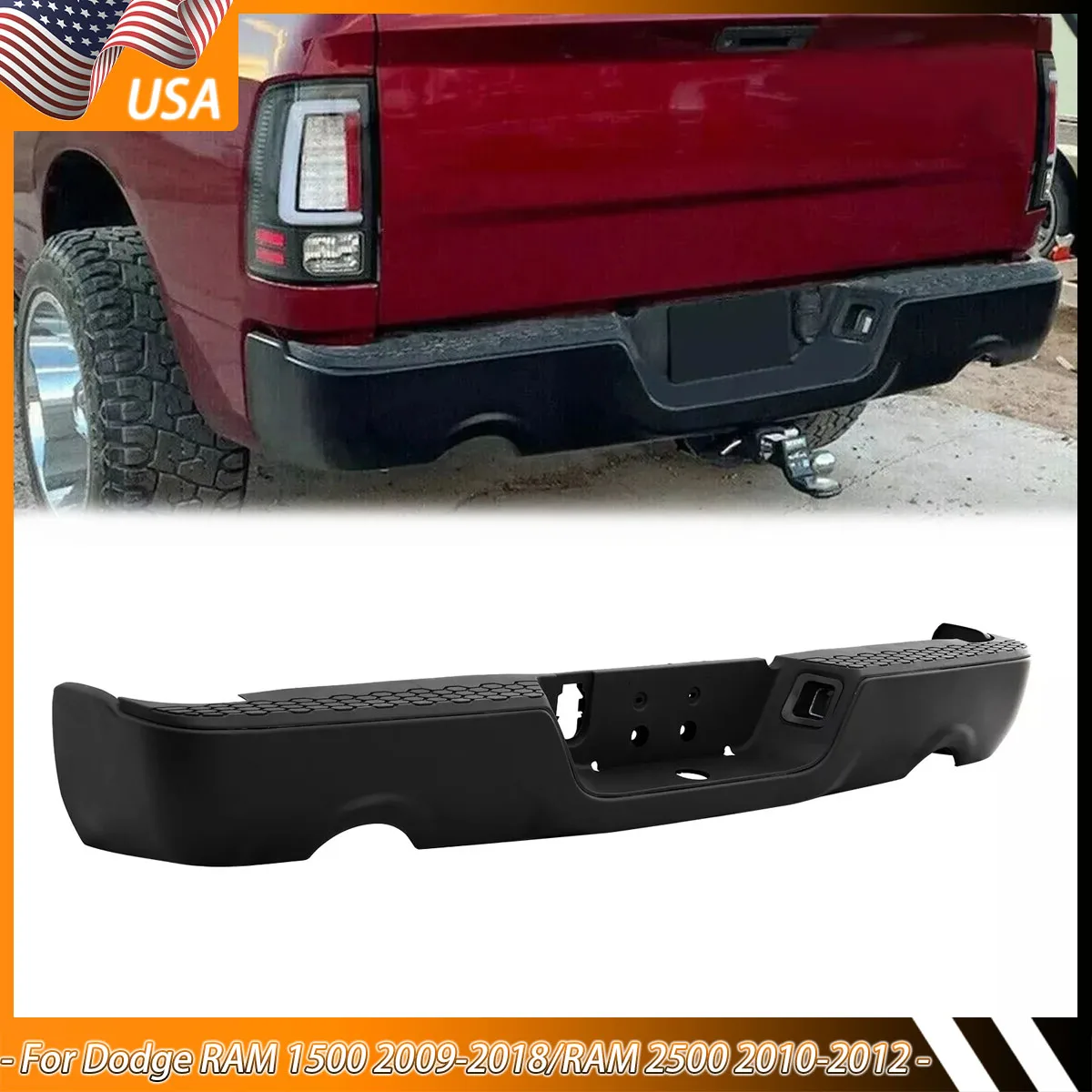 

Rear Bumper for 2009-2018 Dodge RAM 1500 with Sensor Holes Dual Exhaust Black for RAM 2500 Rear Truck Lip CH1103123 Magickit