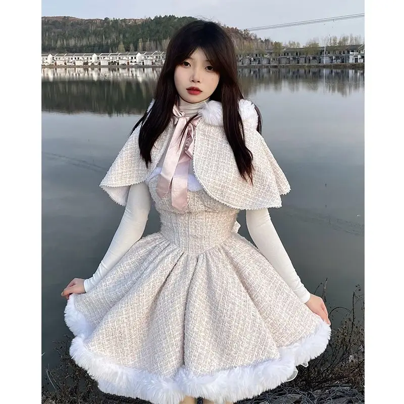 Koreański styl Kawaii nowy 3-częściowy zestaw damski w stylu Retro, patchworkowa sukienka Vintage garnitur damski krótki płaszcz + sukienka na ramiona + jednolite topy