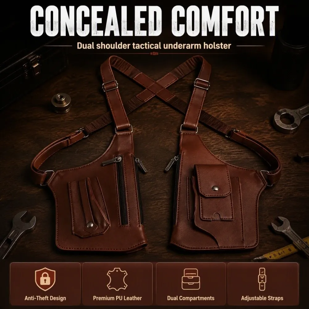 PU Leather Shoulder Armpit Bag Adjustable Strap Multiple Storage Pockets Security Pouch Anti Theft Design Dual Pockets