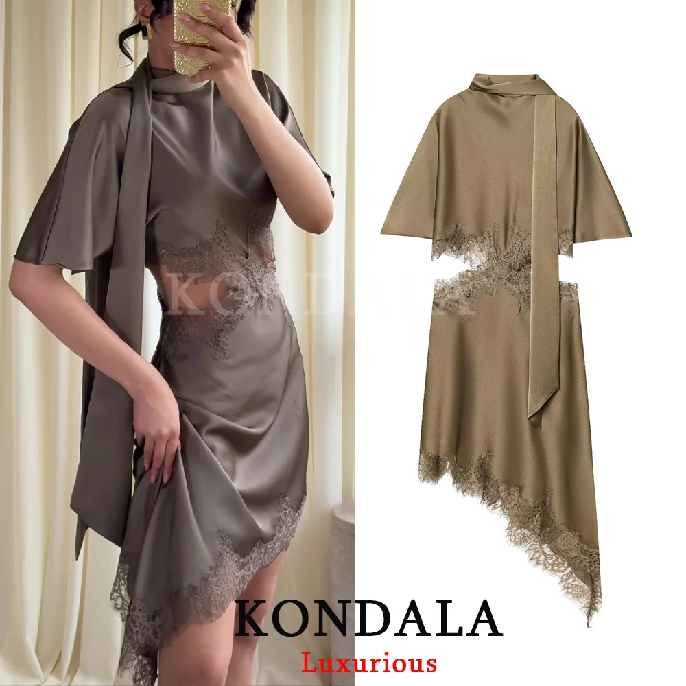 KONDALA אלגנטי סקסי שיק נשים שמלת מיני שמלת צווארון צעיף אסימטרי אופנה 2026 אביב קיץ חג לילה שמלת לילה