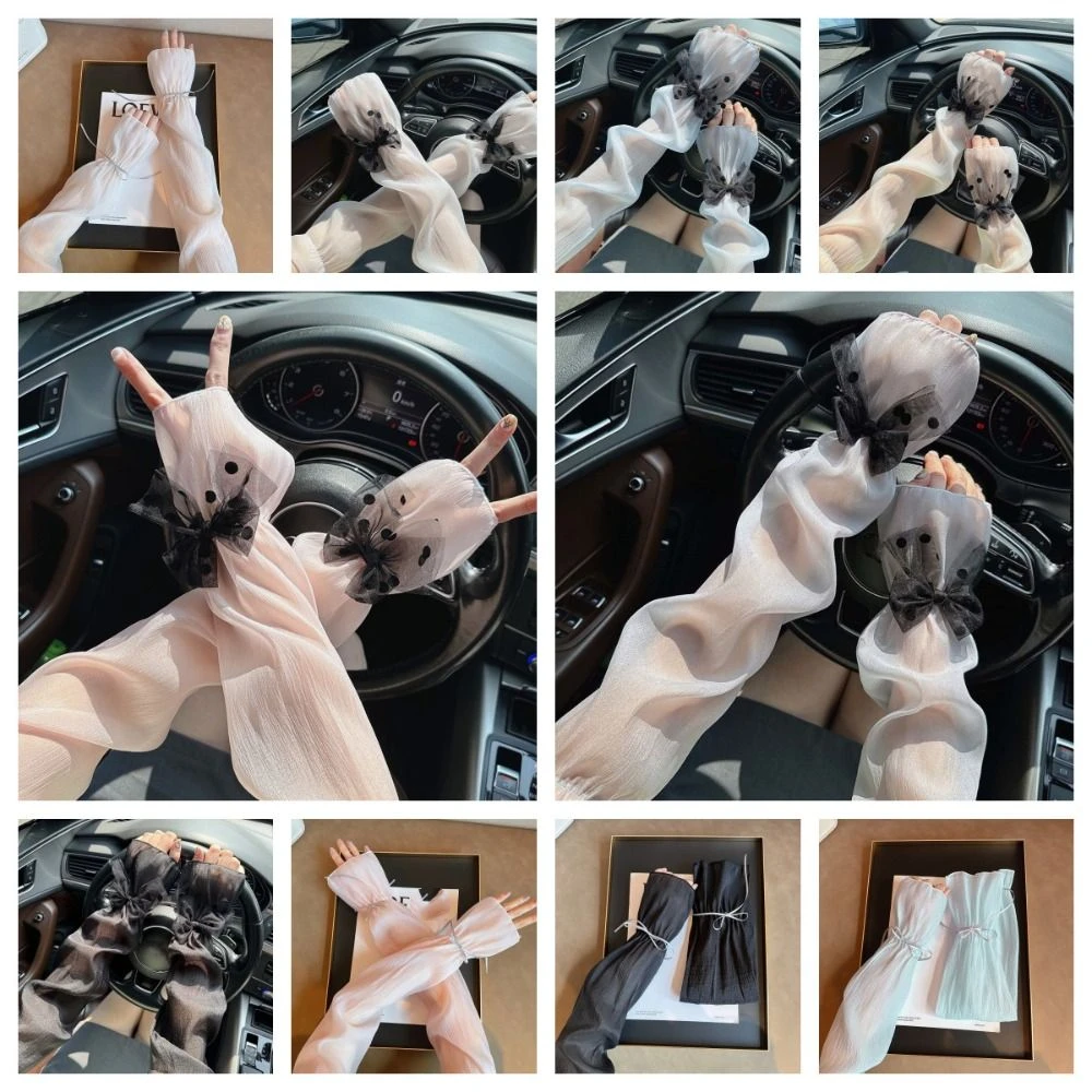 2pcs/set Sun Protection Bow Gauze Sleeves Thin Polyester Breathable Long Arm Sleeves Silk Ribbon Fingerless